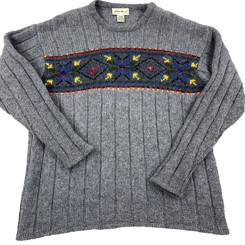 Vintage Eddie Barer Sweater Men Large Gray Wool Heavy Knit Ribbed Nordic 90s Y2K